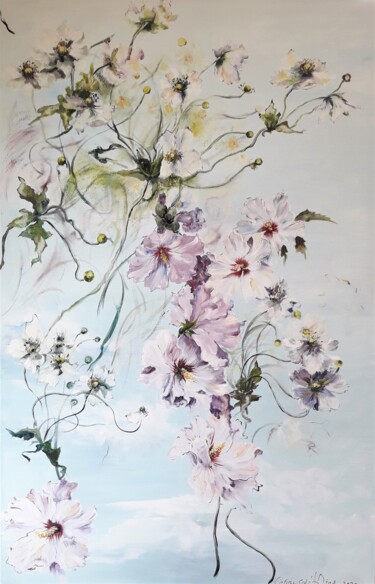 Painting titled "019 Hibiscus et Ané…" by Iuliia Serpilina, Original Artwork, Oil Mounted on Wood Stretcher frame
