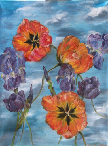 Peinture intitulée "011 Tulipes et Iris…" par Iuliia Serpilina, Œuvre d'art originale, Huile Monté sur Châssis en bois