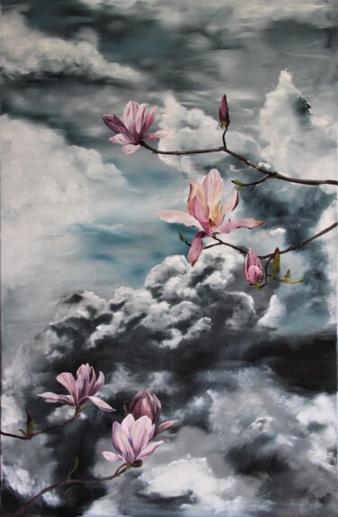 Painting titled "024 Magnolia 2021" by Iuliia Serpilina, Original Artwork, Oil Mounted on Wood Stretcher frame