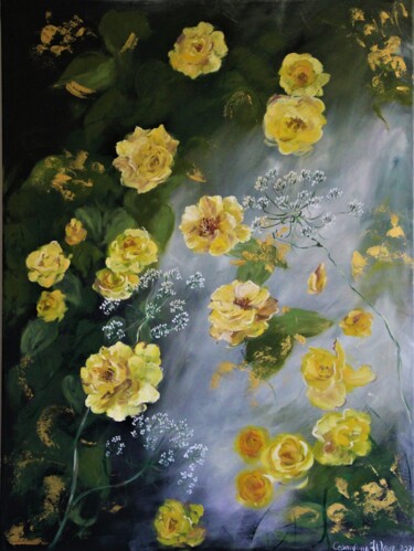 Painting titled "026 Roses jaunes 20…" by Iuliia Serpilina, Original Artwork, Oil Mounted on Wood Stretcher frame