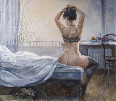 Painting titled "День в феврале/Febr…" by Iurii Korkhov, Original Artwork, Oil Mounted on Wood Stretcher frame