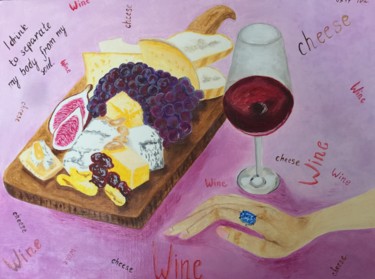 Schilderij getiteld "CHEESE&WINE" door Maria Ivanova, Origineel Kunstwerk, Olie