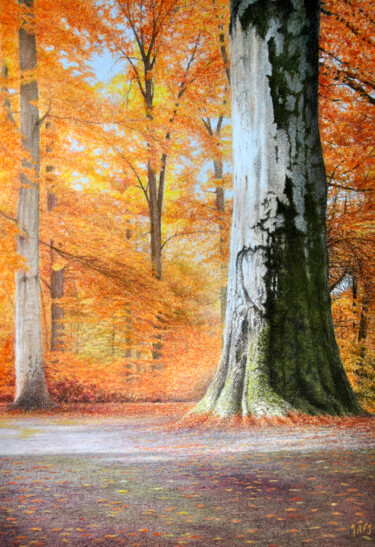 Peinture intitulée "Autumn sunbeams in…" par Ivan Jones, Œuvre d'art originale, Pastel Monté sur Carton