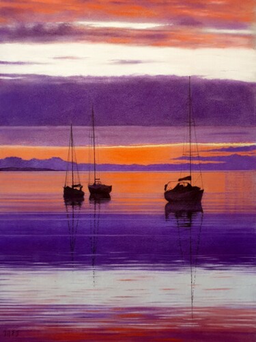 Schilderij getiteld "Sunset over the est…" door Ivan Jones, Origineel Kunstwerk, Pastel Gemonteerd op Karton