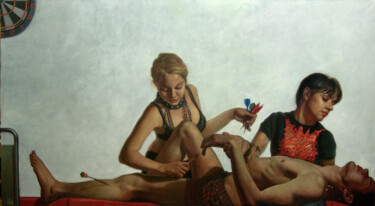 Painting titled "Дартс" by Ivan Korshunov, Original Artwork, Oil Mounted on Wood Panel