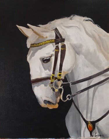 Картина под названием "портрет белого коня" - Иван Лендел, Подлинное произведение искусства, Масло