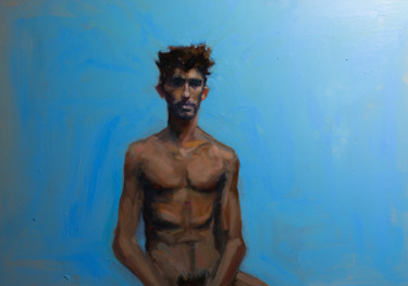Painting titled "Julien with Blue Ba…" by Ivan Muri, Original Artwork, Oil Mounted on Wood Panel