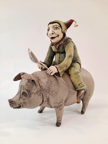 Γλυπτική με τίτλο "Clown with a Pig" από Ivan Panov, Αυθεντικά έργα τέχνης, Κεραμικά