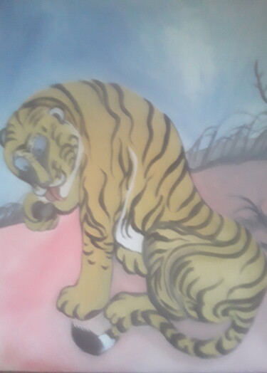 Painting titled "Японский тигр" by Ivan Skripel, Original Artwork, Gouache Mounted on Wood Stretcher frame