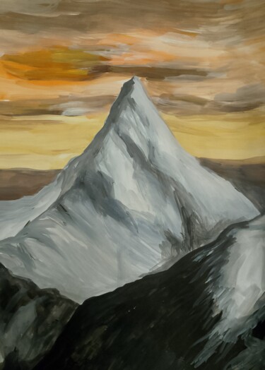 Pintura gouache de montaña de niebla. paisaje vertical de otoño.  ilustración del autor con pinturas gouache.