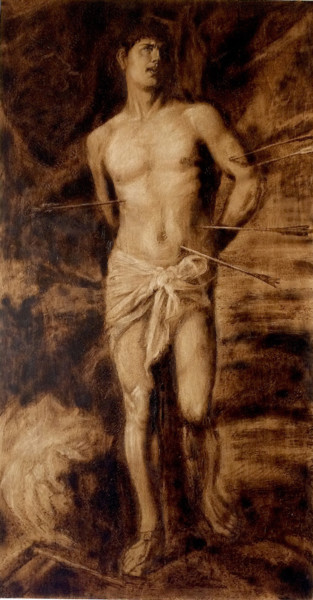 St. Sebastian - reproduction, wood burning, pyrogravure Disegno intitolato "St. Sebastian - rep…" da Ivan Tokushev, Opera d'arte originale, incisione