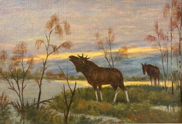 Painting titled "Les rennes" by Ivan Totchiline, Original Artwork, Oil