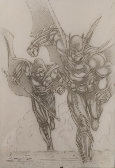 Drawing titled "Batman and Robin" by Ivan Yanshin, Original Artwork, Pencil