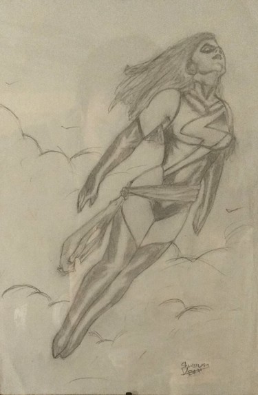 Drawing titled "Captain Marvel" by Ivan Yanshin, Original Artwork, Pencil