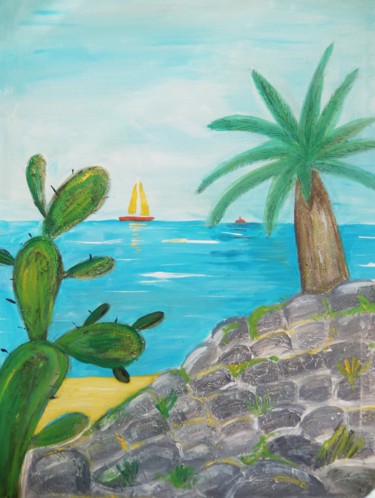 Painting titled "Sea with boat" by Ivana Pelouchová (IVANEL), Original Artwork, Acrylic Mounted on Wood Stretcher frame