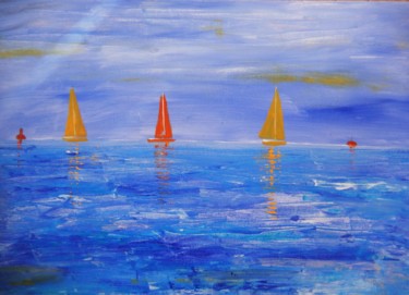 Painting titled "Boating at sea" by Ivana Pelouchová (IVANEL), Original Artwork, Acrylic Mounted on Wood Stretcher frame
