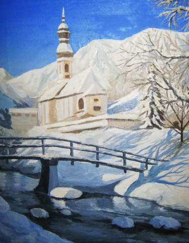 Painting titled "Winter bridge" by Ivan Klymenko, Original Artwork, Oil