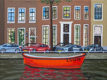 Schilderij getiteld "Red boat, Amsterdam" door Ivan Klymenko, Origineel Kunstwerk, Olie