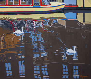 Painting titled "Two swans, Amsterdam" by Ivan Klymenko, Original Artwork, Oil