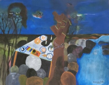 Painting titled "Damballah's dinner(…" by Ivann Deweare Lindor, Original Artwork, Acrylic Mounted on Wood Stretcher frame