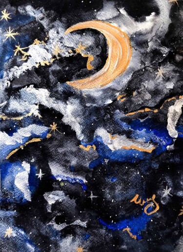 Ζωγραφική με τίτλο "Magic moon" από Ivanna Mois, Αυθεντικά έργα τέχνης, Ακουαρέλα