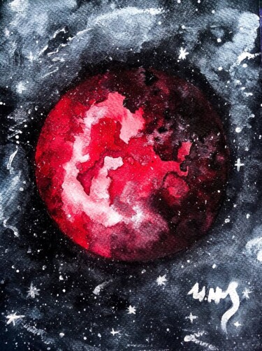 Painting titled "Blood full moon" by Ivanna Mois, Original Artwork, Watercolor