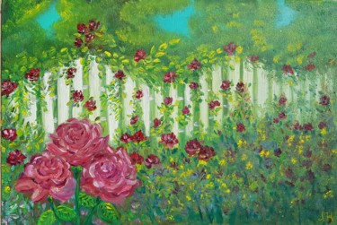 Картина под названием "Fence with flowers" - Ivelina Hrytsylo, Подлинное произведение искусства, Масло