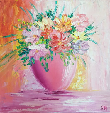 Картина под названием "Flowers in a pink v…" - Ivelina Hrytsylo, Подлинное произведение искусства, Масло
