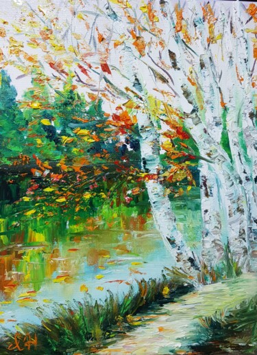 Painting titled "Birches by the lake" by Ivelina Hrytsylo, Original Artwork, Oil