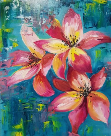 Картина под названием "Lilies with a brigh…" - Ivelina Hrytsylo, Подлинное произведение искусства, Масло