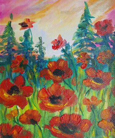 Peinture intitulée "Poppies field in th…" par Ivelina Hrytsylo, Œuvre d'art originale, Huile