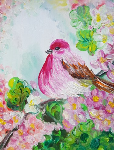 Painting titled "Pink spring bird" by Ivelina Hrytsylo, Original Artwork, Oil
