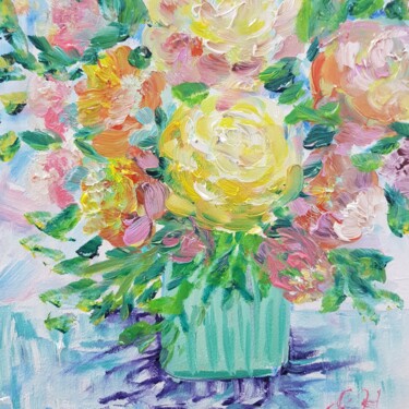 Картина под названием "Flowers in a green…" - Ivelina Hrytsylo, Подлинное произведение искусства, Масло