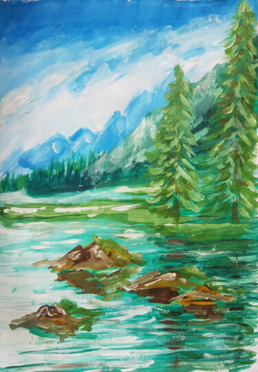 Peinture intitulée "River in the mounta…" par Ivelina Hrytsylo, Œuvre d'art originale, Gouache