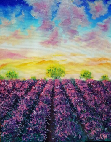 Painting titled "Lavender field at s…" by Ivelina Hrytsylo, Original Artwork, Oil