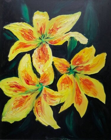 Картина под названием "Yellow lilies" - Ivelina Hrytsylo, Подлинное произведение искусства, Масло