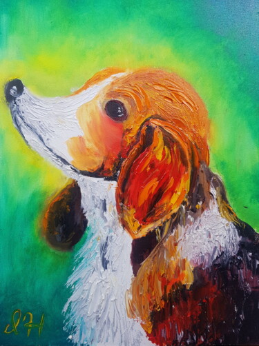 Картина под названием "Beagle dog" - Ivelina Hrytsylo, Подлинное произведение искусства, Масло