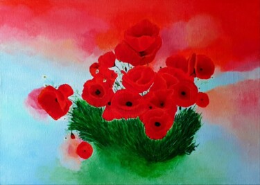 Painting titled "Poppies Landscape P…" by Iveta Zaharova (Kārkla), Original Artwork, Acrylic