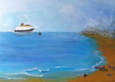 Malarstwo zatytułowany „Seascape Ship Lands…” autorstwa Iveta Zaharova (Kārkla), Oryginalna praca, Akryl