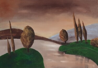 Painting titled "Trees Mountain Rive…" by Iveta Zaharova (Kārkla), Original Artwork, Acrylic