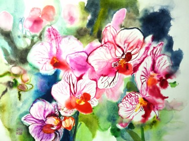 Painting titled "Big Orchids" by Im, Original Artwork, Watercolor