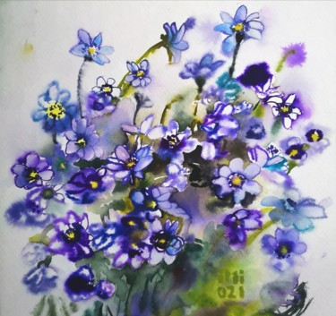 Painting titled "Blue Flowers" by Im, Original Artwork, Watercolor