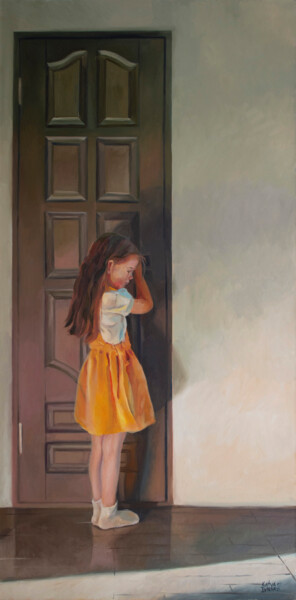 Картина под названием "A girl in a yellow…" - Katya Ivleva, Подлинное произведение искусства, Масло