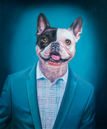 Pintura intitulada "Bulldog in a jacket" por Katya Ivleva, Obras de arte originais, Óleo Montado em Armação em madeira