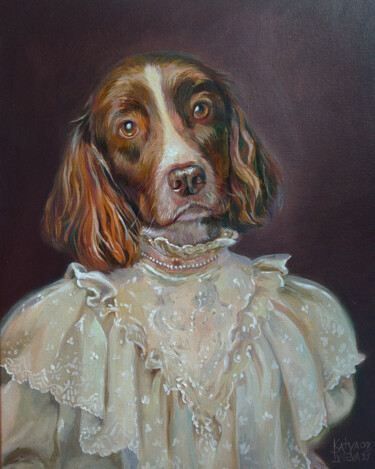 Картина под названием "Miss Doggie" - Katya Ivleva, Подлинное произведение искусства, Масло Установлен на Деревянная рама дл…