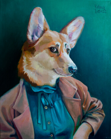 Картина под названием "Corgi Dog" - Katya Ivleva, Подлинное произведение искусства, Масло Установлен на Деревянная рама для…