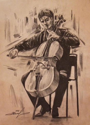 Рисунок под названием "cellist" - Ivan Maksymiuk, Подлинное произведение искусства, Древесный уголь