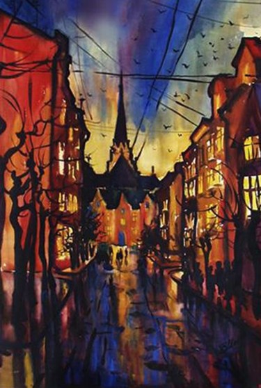 Painting titled "Night city" by Ivan Maksymiuk, Original Artwork, Watercolor