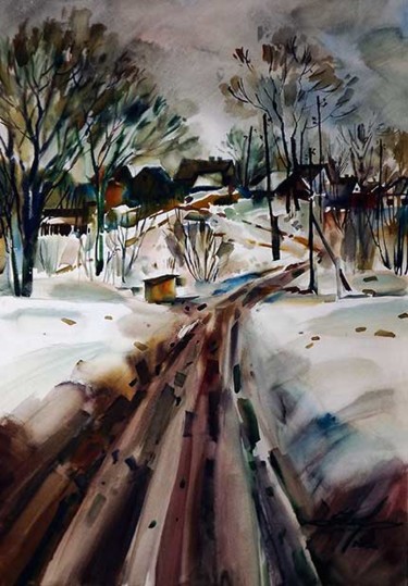 Painting titled "Winter plot" by Ivan Maksymiuk, Original Artwork, Watercolor