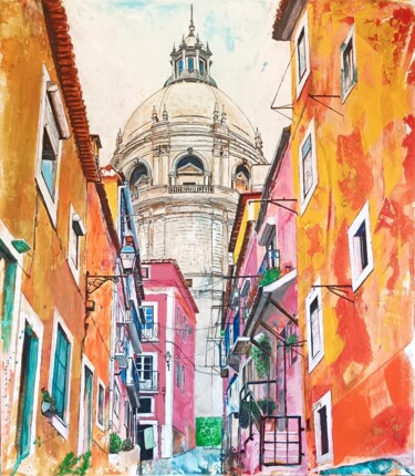 Painting titled "Lisboa, Travessa do…" by Ivo Antunes, Original Artwork, Acrylic Mounted on Wood Stretcher frame